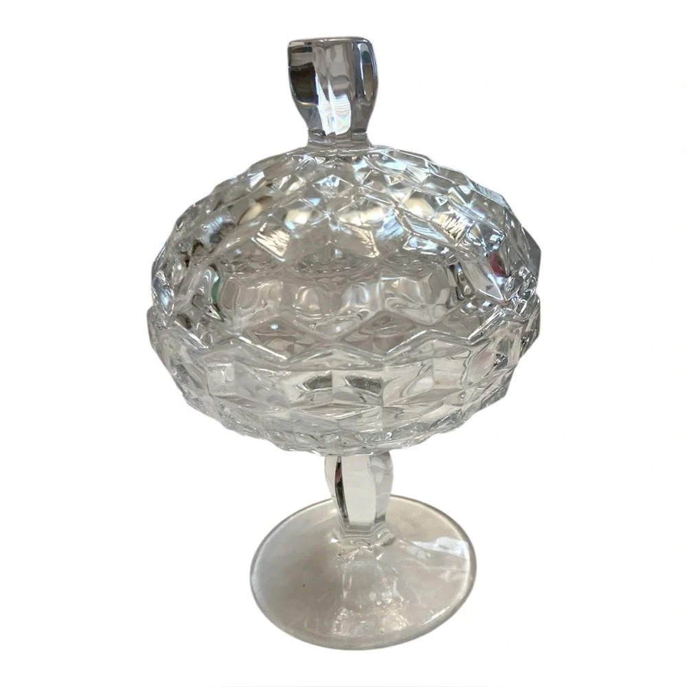 Vintage Clear Glass Candy Jar w/ Lid Pedestal Compote 7.25” Tall
